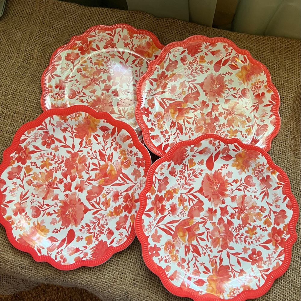 Pioneer Women Painterly Floral Orange and White Scalloped Set Salad 8”